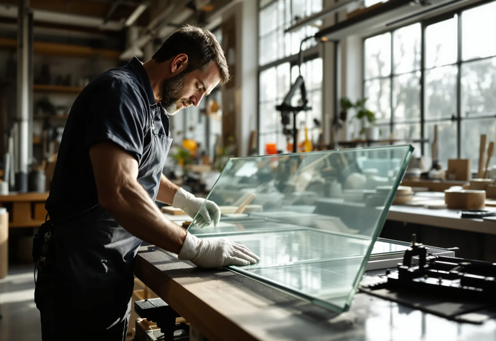 Artisan vitrier au travail manipulant une plaque de verre — Clarté Vitrerie